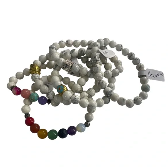 Howlite White,Grey, gemstones with multi colored center,Stretch - Picture 3 of 4